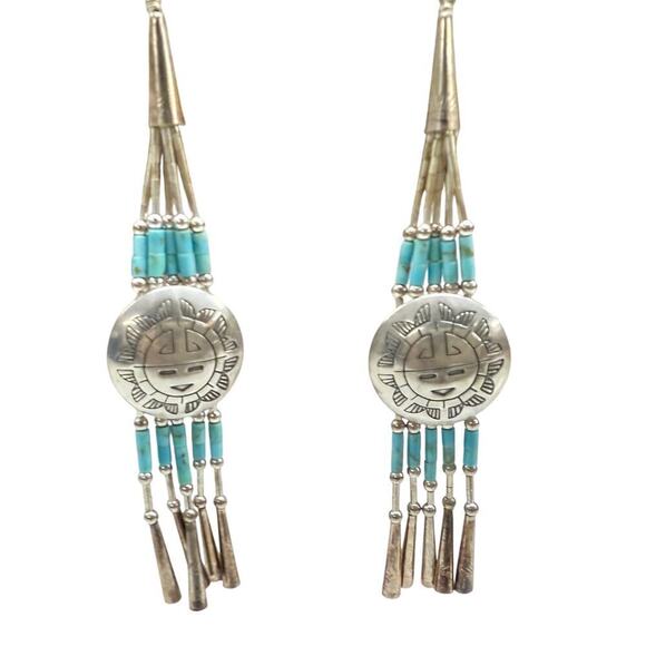 Long Sterling silver earrings Native American Sun face turquoisesilver beads